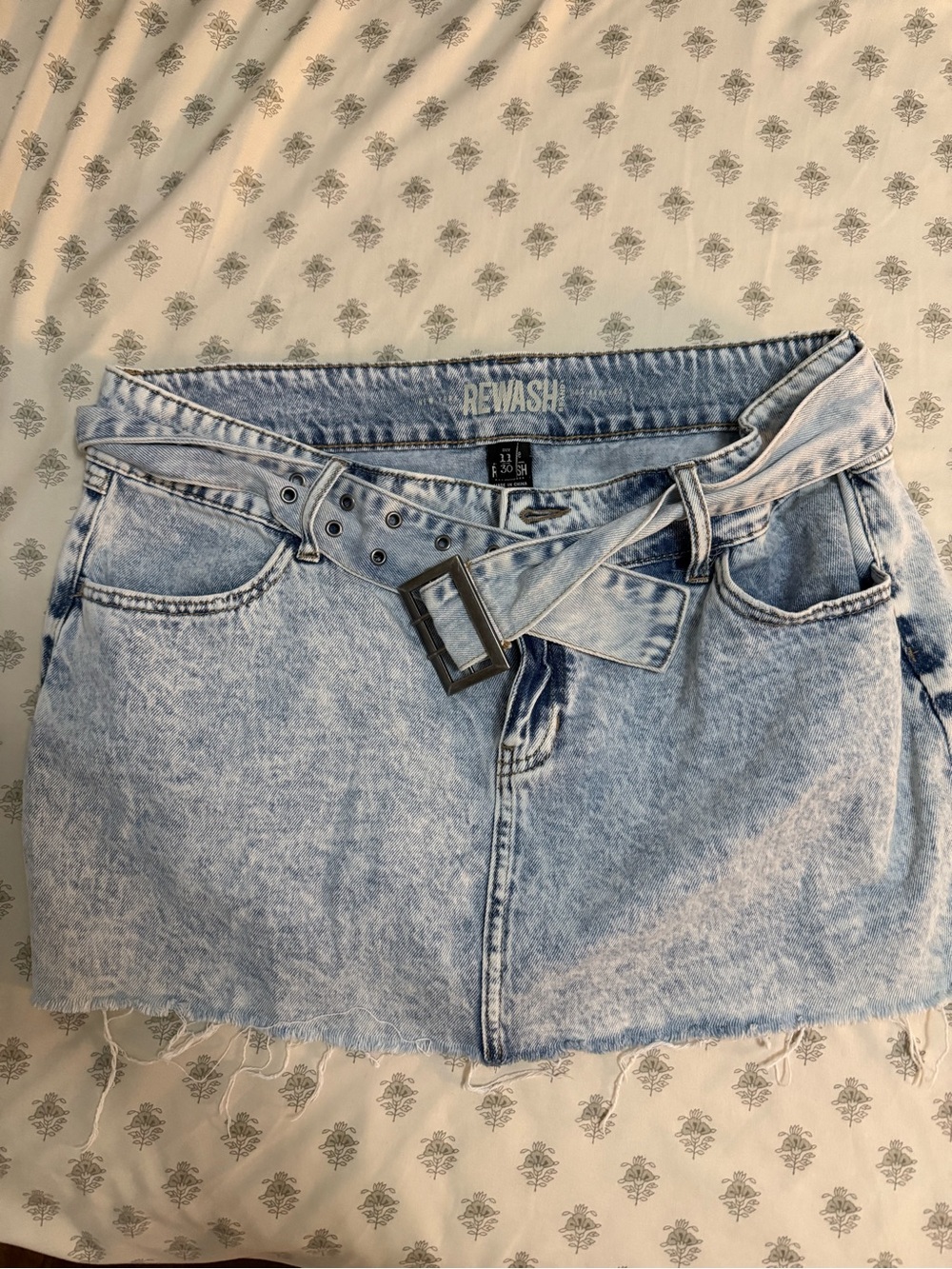 Rewash Light Blue Acid Wash Denim Mini Skirt with Belt